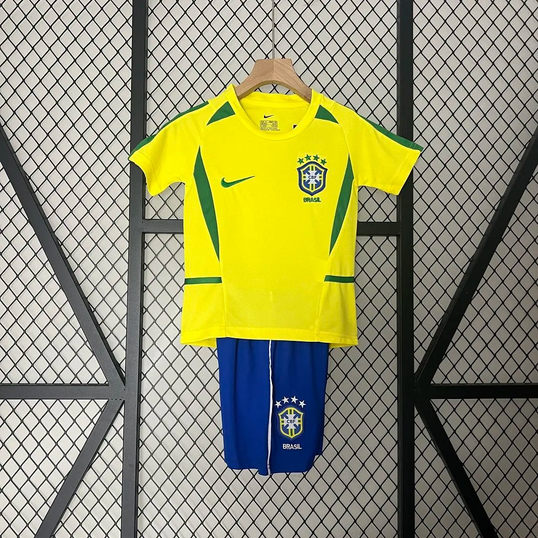 Brazil Retro Jersey Home Uniform Kids Kit Jersey+Shorts World Cup 2002