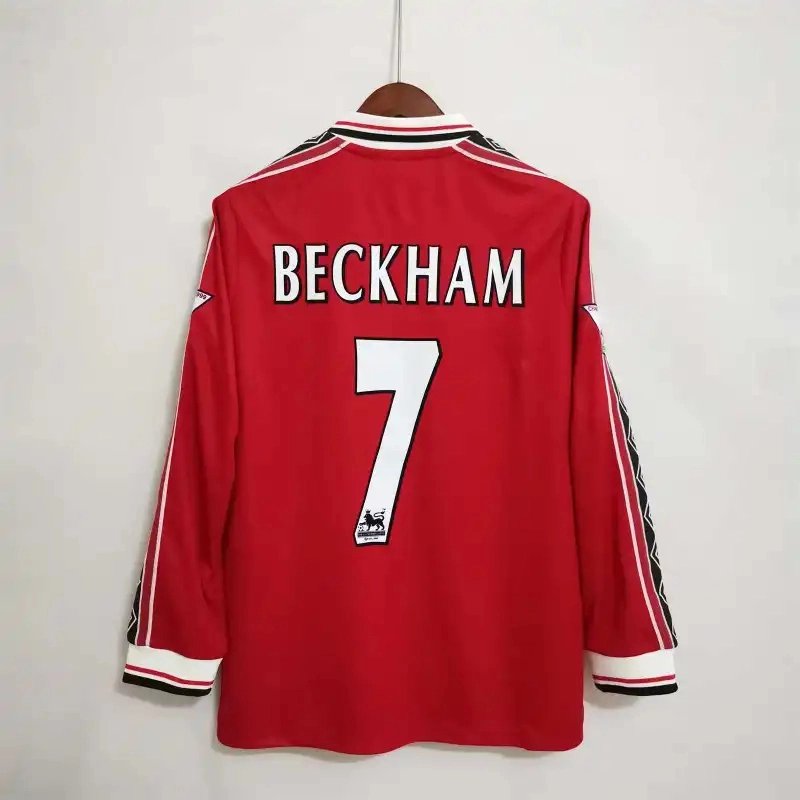 Beckham #7 Manchester United Retro Home Long Sleeve Football Jersey Shirt 1998/99