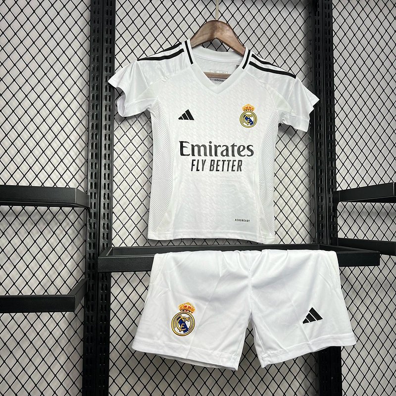 3743acb7d3e4c1b2fc5f01f9411f2684f7a3069f Real Madrid Home Soccer Uniform Kids Kit Jersey+Shorts 2024/25
