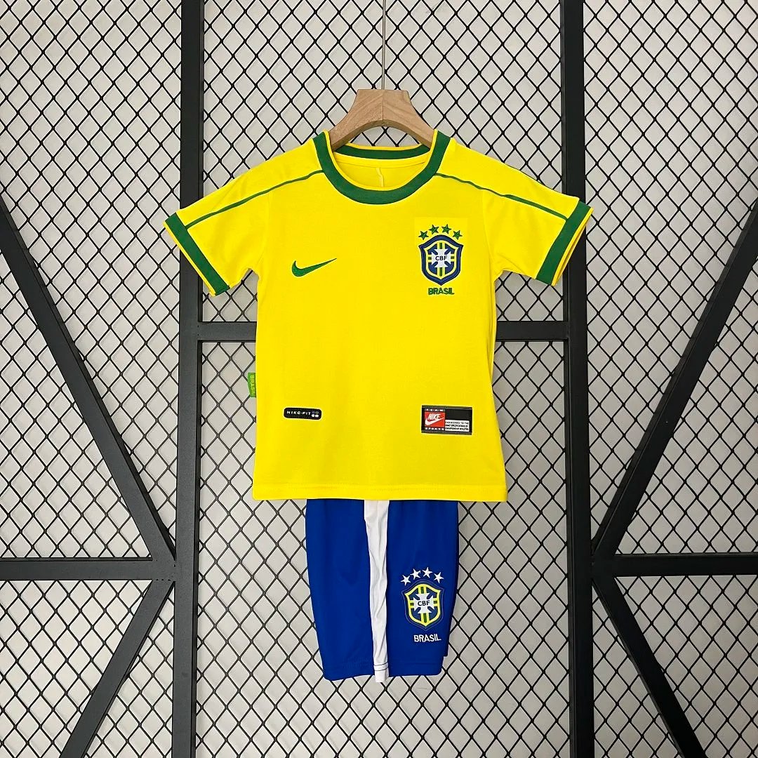 Brazil Retro Jersey Home Uniform Kids Kit Jersey+Shorts World Cup 1998