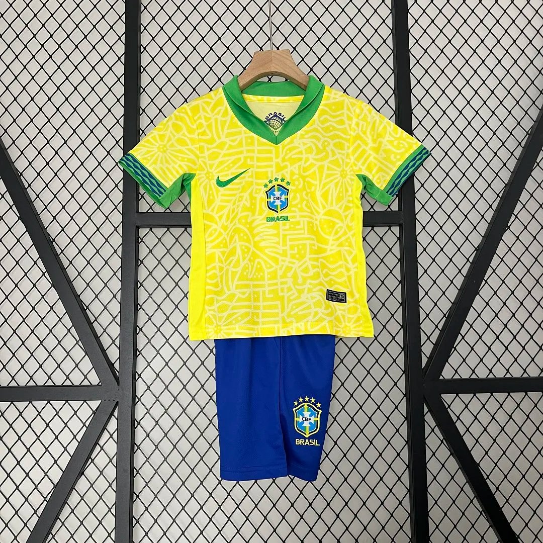 Brazil Home Soccer Uniform Kids Kit Jersey+Shorts Copa America 2024